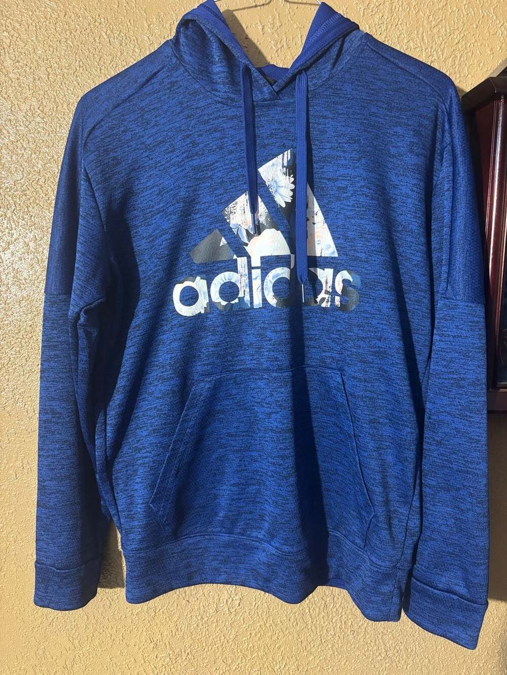Adidas Blue Heather Floral Badge of Sport Pullover Hoodie Climawarm